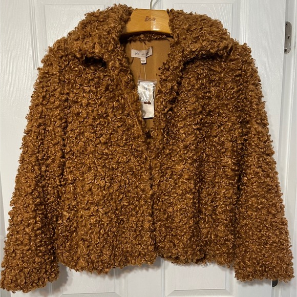 NWT Philosophy Faux Fur Curly Teddy Jacket Women's Warm Brown Coat Large - Picture 1 of 8